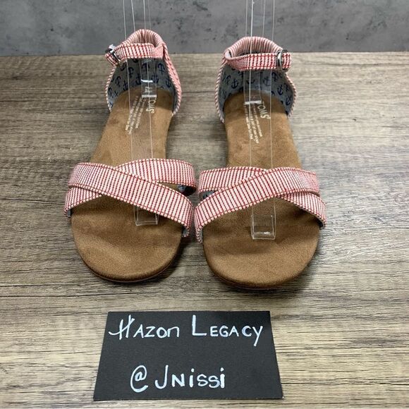 TOMS~Girls~”Correa”~ Red/White PinStripe Flat Open Toe Sandals~Size 4 - Picture 3 of 9